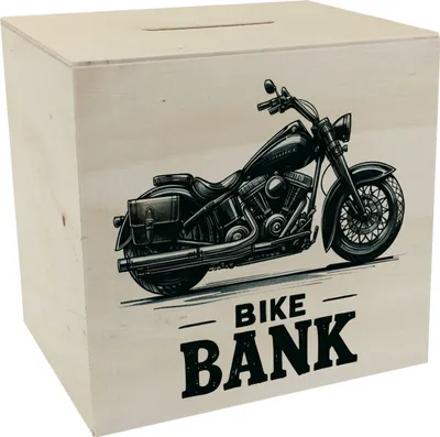 Produktbild von Cruiser Motorrad Spardose aus Holz mit Spruch Bike Bank