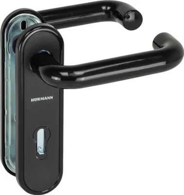 A black door handle set with a keyhole plate.