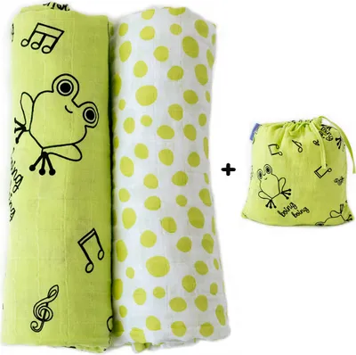 Produktbild von Milk&Moo Cacha Frog Musselin Wickeldecke 2er-Set, 100% Baumwolle, Stilltuch, 2 Stück Musselin Babydecke für Kinderwagen und Babyschale, 110x110 cm, grün