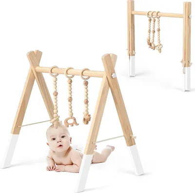 Produktbild von COSTWAY Dětský hrací oblouk Wood, skládací hrazda, dětská tělocvična se 3 odnímatelnými hračkami, hrazda pro děti od 3 měsíců, dřevěné hračky pro rozvoj mozku (bílá)