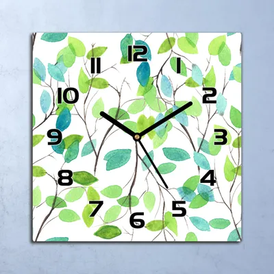 Produktbild von Wanduhr Echt-Glas-Küchenuhr Grüne Blätter Kunst Quarz 30x30 Deko Bilder