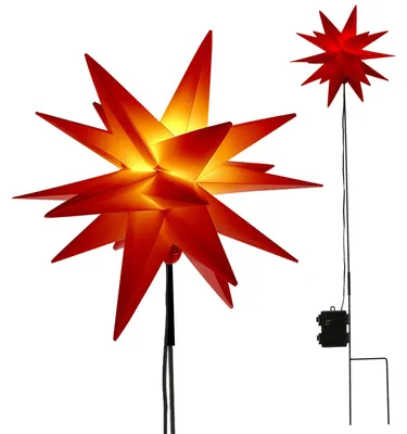 Produktbild von Leuchtstern 3D-Stern Rot LED faltbar | Ø 25 cm x H 90 cm Kunststoff | Weihnachststern beleuchtet Timerfunktion inkl. Leuchtmittel | Bodenspieß | Batteriebetrieben
