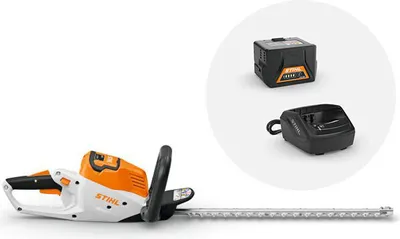 A cordless hedge trimmer with a battery and charger shown against a white background.