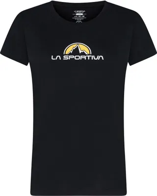 Schwarzes T-Shirt für Damen von La Sportiva mit gelbem Logo und Bergmotiv.
