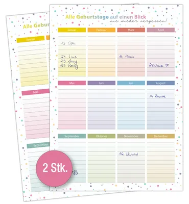 Imagen del producto de Calendario de cumpleaños, diseño colorido, formato DIN A4, calendario permanente para la organización