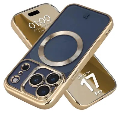 Produktbild von Handyhülle mit Kameraschutz und Magnetring für iPhone 17 Pro, Bizon Case GuardO, Transparent-Golden