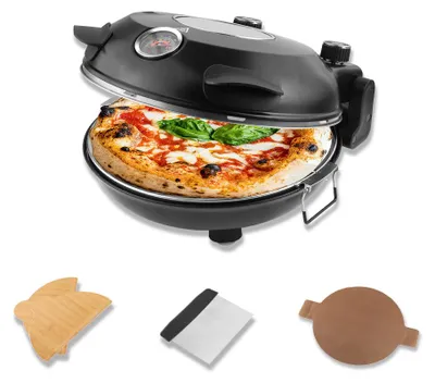 Obrázok produktu pre Elektrická pizza pec, priemer 30 cm, výkon 1200 W, keramická pečacia platňa, čierna farba