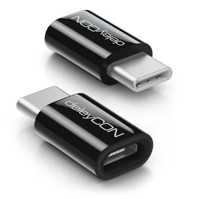 Produktbild von deleyCON 2 Stück USB-C Adapter - Micro USB Buchse zu USB C Stecker - zum Laden & Synchronisieren für Apple Samsung Google Huawei Xiaomi Handy Smartphone Tablet Laptop USB Adapter - Schwarz
