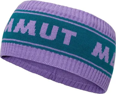 Lila gestricktes Stirnband mit grünem Streifen und lila Schriftzug Mammut