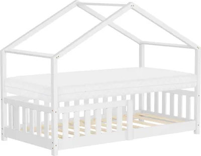 Produktbild von ML-Design Kinderbett Hausbett 80x160 cm Weiß mit Matratze H:10cm, Rausfallschutz Lattenrost und Dach, Spielbett aus massivem Kiefernholz Bodenbett