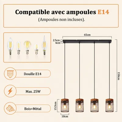 Image de ZMH Suspension en bois noir, suspension pour table à manger à 4 ampoules, lampe de table à manger E14, suspension en métal, décoration pour salon, salle à manger, cuisine, restaurant, Image générée par une IA