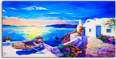 Produktbild von Coloray Acrylbild 140x70  Wandbild Acrylbilder Deko Haus Blume Boot Meer Landschafts