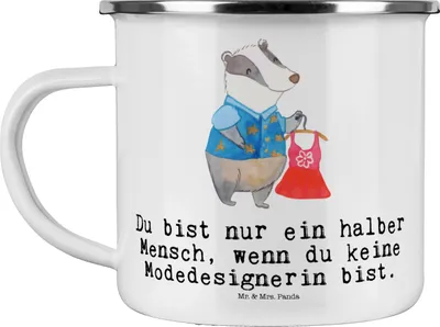 Produktbild von Mr. & Mrs. Panda Pott Modedesignerin Herz - Weiß - Geschenk, Fashion Designerin, Emaille Tasse, Witzig, Lustig, emaillebecher, becher, Spruch, Teetasse