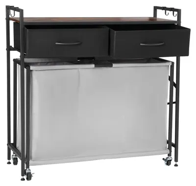 Productafbeelding van VEVOR wasmand met 3 compartimenten en een houten tafelblad, wassorteerder op wielen met 2 lades en haken, wasscheidingssysteem voor vuile kleding, geschikt voor de badkamer