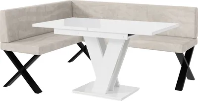 Produktbild von MEBLINI Eckbank für Esszimmer mit ausziehbarem Tisch  - Küchenbank - Essecke - Sitzecke Küche - TONI - X-Beine 128x168x87cm Links - Beige Samt/M Weiß Hochgl.