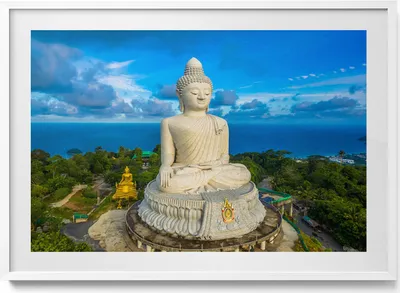 Produktbild von Buddha Phuket Thailand– Wandbild mit Rahmen – Gerahmtes Bild  – Wanddekoration – 100x70 cm –  Weiß Rahmen