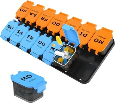 Produktbild von Pill Box 7 Tage Morgenabend, abnehmbare extra große 2 Fachmedizin Vitamine, Nahrungsergänzungsmittel, XL -Organisator Tablette 14