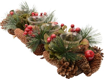 Adventsgesteck länglich Teelichthalter Glas 45cm grün rot