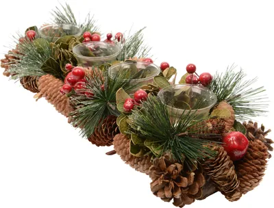 Produktbild von Adventsgesteck länglich Teelichthalter Glas 45cm grün rot