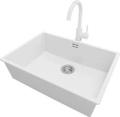 Produktbild von PRIMAGRAN Granitspüle Weiß 66x47cm, Spülbecken 1 Becken + Küchenarmatur 32x20cm + Ablauf-Set, Küchenspüle ab 70er Unterschrank - London Slim