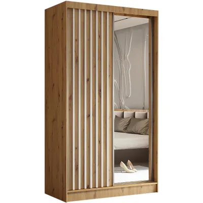 Image de BEAUTYSOFA Armoire à lattes HELIX 120 cm - armoire de style moderne avec portes coulissantes et miroir (Artisan + White)