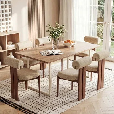 Produktbild von 6er-Set Esszimmerstühle mit zylindrischer Rückenlehne, Holzgestell, modernes Design, für Küche und Esszimmer, Braun