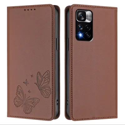 Produktbild von Lederhülle für Xiaomi Redmi Note 11 Pro+ 5G, Schmetterling Prägung Leder Brieftasche Schutzhülle mit Ständer Braun