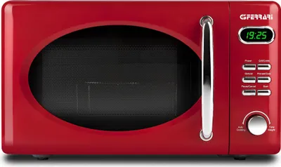 A red G3 Ferrari microwave oven is shown from the front on a white background.