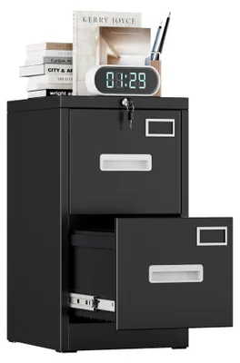 Image de Armoire verticale verrouillable pour documents, avec 2 tiroirs, de couleur noire