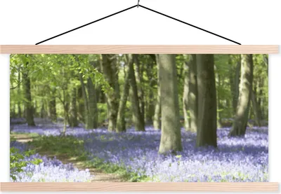 Produktbild von MuchoWow® Textilposter Wald - Weg - Blumen - Lila - Grün - Natur 120x60 cm mit holzfarbenen Rahmen - Klemmleiste