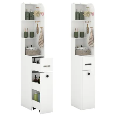 Produktbild von Puluomis Badezimmerschrank Badkommode mit Schubladen, Lochwand, Hochschrank schmal 35x24x165 cm, Aufbewahrungsschrank für Bad, Küche, weiß