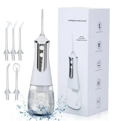 Produktbild von Munddusche, Professionelle Elektrische Kabellose Munddusche, 3 Modi, IPX7 Wasserdicht mit 5 Düsen, USB-Ladekabel, 350ML Weiß
