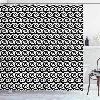 Obrázek produktu pro ABAKUHAUS Černobílý sprchový závěs, monochromatický souvislý vzor s rotujícími spirálami ve tvaru kruhu, 175 x 200 cm, černá a bílá
