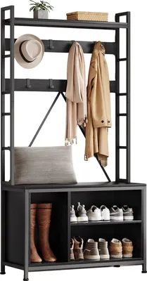 Imagen del producto de Perchero industrial con banco-asiento – Zapatero con 8 ganchos, estante para pared y espacio para guardar zapatos – Color