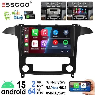 Productafbeelding van Autoradio met 9-inch touchscreen, Android 15, geschikt voor Ford S-Max WA6 (2006-2014), inclusief GPS-navigatie, Apple CarPlay, Android Auto, 2GB RAM, 64GB opslag, Bluetooth, Wi-Fi en 4x45W vermogen