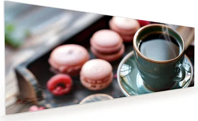 Produktbild von Küchenrückwand Spritzschutz Glas mit Motiv Kaffeepause Macarons 40 x 40 cm