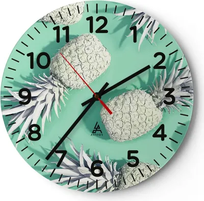 Produktbild von Wanduhr - Rund - Glasuhr - Ananas Obst Saft - 30x30cm - Schleichendes Uhrwerk - Lautlos - zum Aufhängen bereit - Dekoration Modern - Wanddekoration aus Glas - C4AR30x30-4040