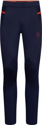 Dunkelblaue Laufhose für Damen von La Sportiva mit orangefarbenen Akzenten und zwei Taschen.
