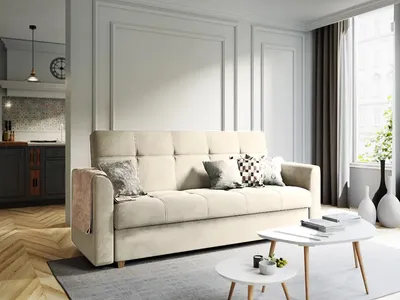 Produktbild von FURMEB24 LENTO Schlafsofa mit Schlaffunktion, Bettzeugablage, hochwertiger Stoff creme