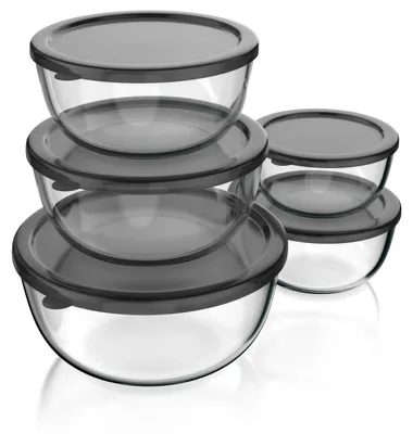 Produktbild von Arendo Salatschüssel 5er Set mit Deckel, Glasschüssel 1L, 1,5L, 2L, 2,7L & 4,4L, Glas Rührschüssel, Glas, Glasschale, BPA-frei, Mikrowellen- und spülmaschinengeeignet