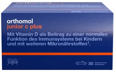 Produktbild von Orthomol junior C plus - mit Vitamin C als Beitrag zu einer normalen Funktion des Immunsystems - Mandarine/Orangen-Geschmack, 30 St. Tagesportionen