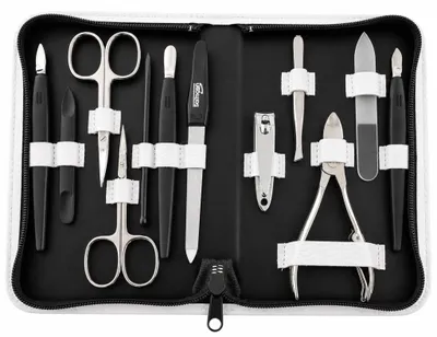 Produktbild von Maniküre Pediküre Set 12-teilig – Nagelpflege Set mit 5 Solingen Qualitätsinstrumenten, Echtleder Etui, gehärteter Stahl –  Germany Weiß