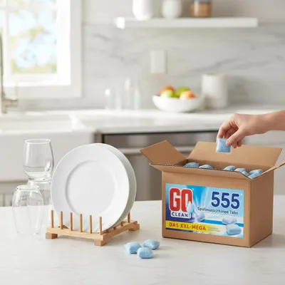 Produktbild von 10 kg ca. 555 Stück GO clean! 12-in-1 Spülmaschinentabs - Pouches 18g in wasserlöslicher Folie. Starke Reinigungskraft gegen Schmutz und Fett im Inneren der Spülmaschine.