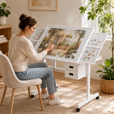 Image de Table de puzzle de 1000 pièces, blanche, en MDF et métal, avec 4 roulettes et des tiroirs