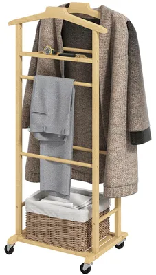 Produktbild von Bambus-Garderobenst?nder mit Rollen, Kleiderbš¹geln, Hosenhaltern, Ablage und Schuhregal, 47 x 33,7 x 105,5 cm, Natur