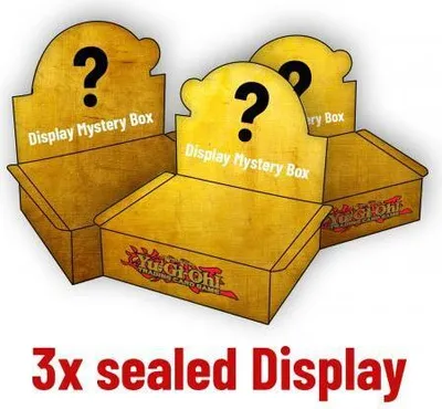 Three open display boxes for Yu-Gi-Oh! trading cards, each with a question mark and 'Display Mystery Box' text.