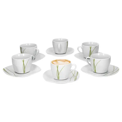 Zdjęcie produktu dla Van Well Bali zestaw 6 filiżanek do kawy + spodki, zestaw do kawy, liniowy wystrój, porcelana wysokiej jakości