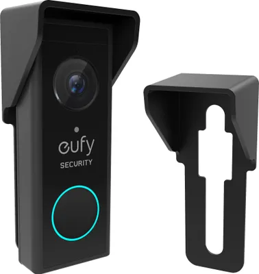 A black Eufy doorbell with a rain cover and a separate mounting bracket, shown against a white background.