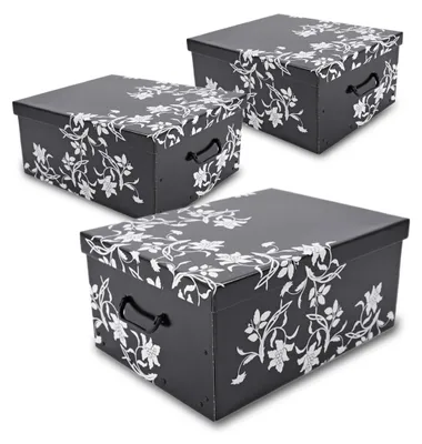 Produktbild von 3er Set Aufbewahrungsbox mit Deckel 51 x 37 cm - Schwarz mit Blumenmuster - Stapelbox aus Pappe mit Griffen 45 L