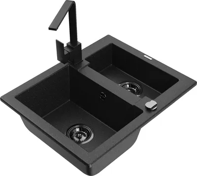 Produktbild von Mexen Carlos 1,5-Becken-Granitspüle mit Mischbatterie Rita, Schwarz/Silbermetallic - 6518-73-670300-70-B
